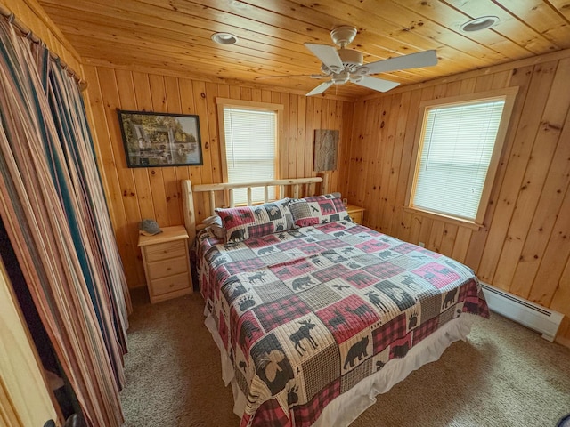 bedroom with carpet, wooden walls, wooden ceiling, a baseboard radiator, and ceiling fan