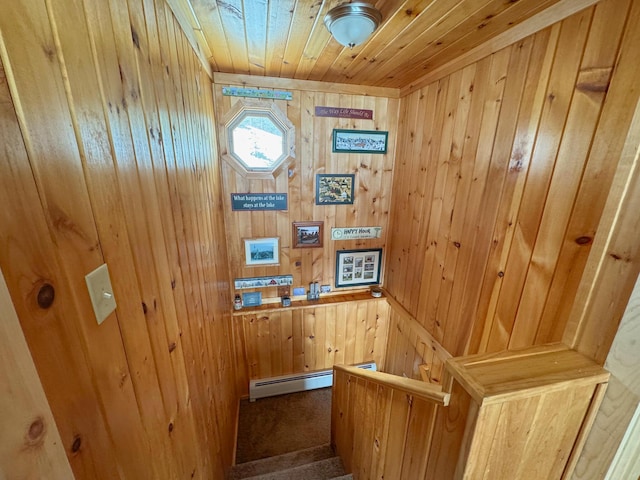 staircase featuring wood ceiling and wood walls