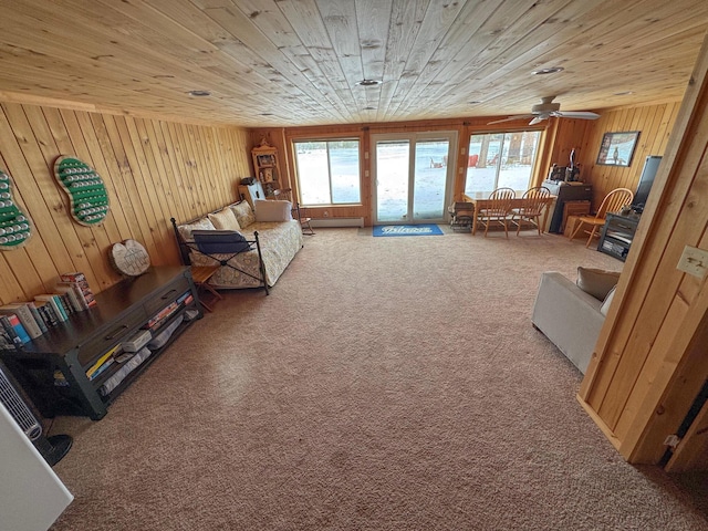 unfurnished living room featuring carpet, a healthy amount of sunlight, wooden ceiling, and wooden walls