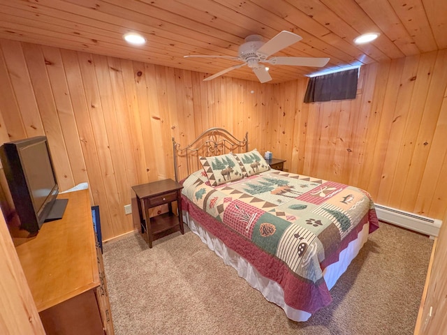 bedroom with wood walls, wood ceiling, carpet floors, recessed lighting, and a baseboard radiator