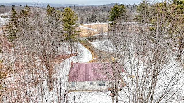 birds eye view of property featuring a wooded view