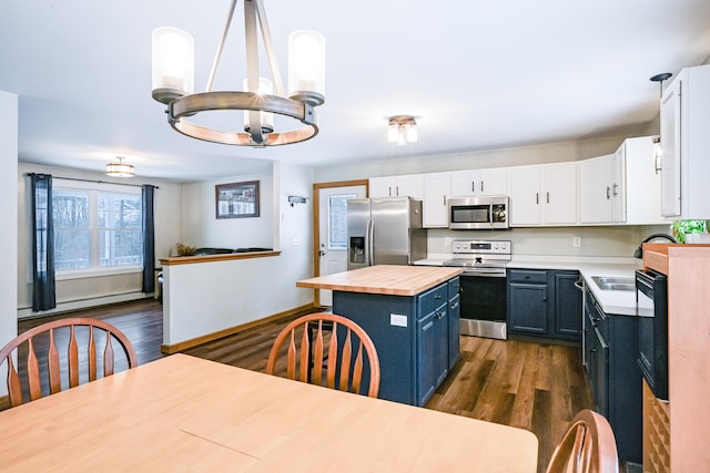 kitchen with blue cabinets, dark wood-type flooring, butcher block countertops, stainless steel appliances, and baseboard heating