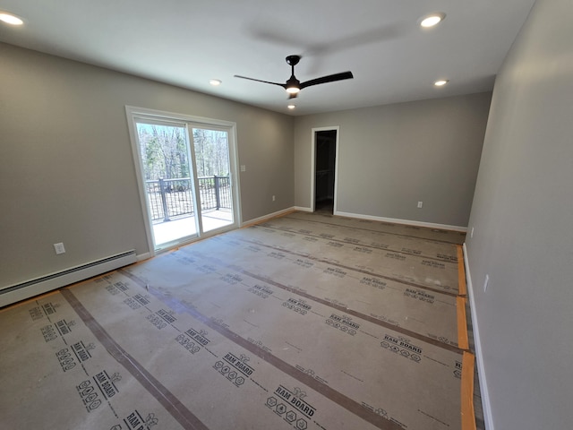 unfurnished room with baseboard heating, baseboards, recessed lighting, and ceiling fan