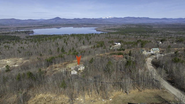 bird's eye view with a water and mountain view