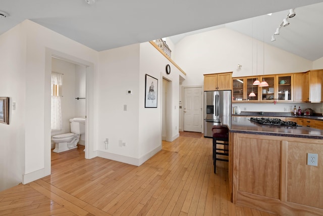 kitchen with stainless steel appliances, dark countertops, track lighting, and light wood-style floors