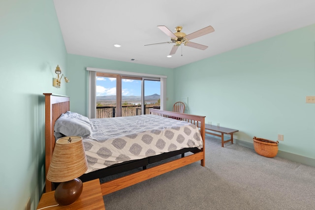 bedroom featuring carpet floors, baseboards, access to outside, recessed lighting, and a ceiling fan