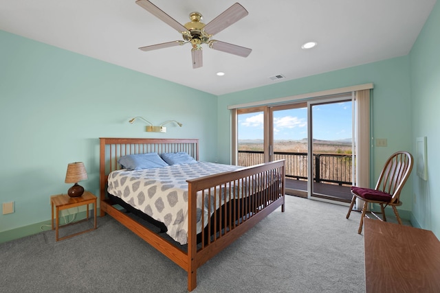 carpeted bedroom with baseboards, a ceiling fan, recessed lighting, and access to exterior