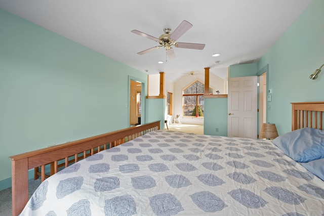 carpeted bedroom featuring recessed lighting, a ceiling fan, and vaulted ceiling