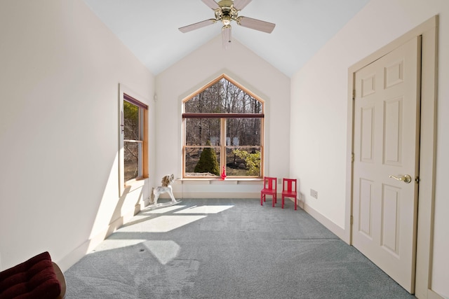 game room featuring carpet flooring, ceiling fan, and lofted ceiling