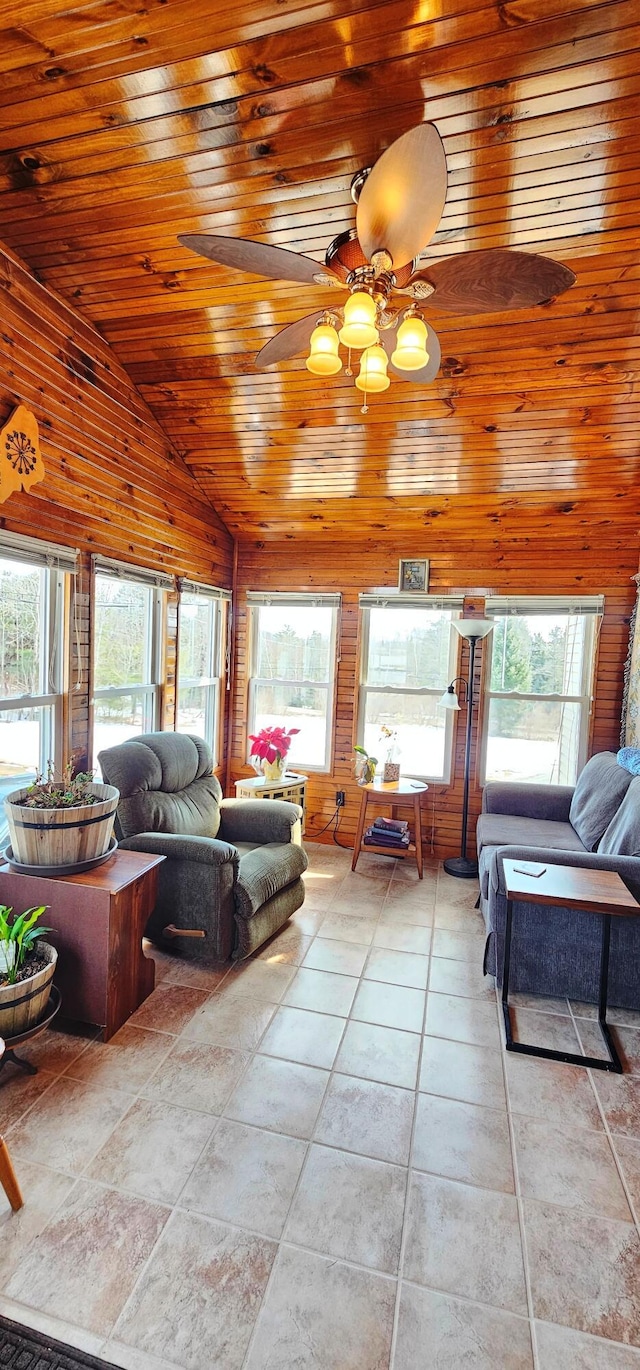 living area featuring wooden ceiling, vaulted ceiling, ceiling fan, and wooden walls