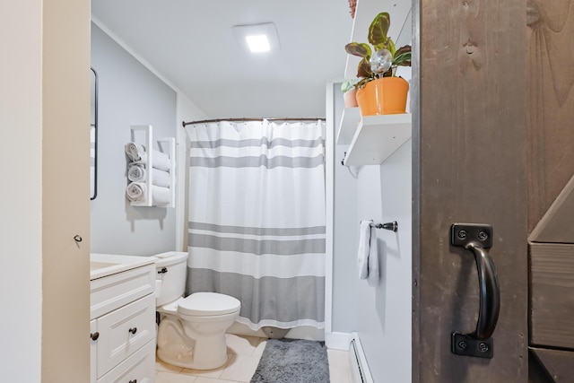 full bathroom with tile patterned flooring, toilet, a shower with shower curtain, baseboard heating, and vanity