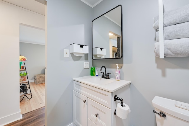 bathroom featuring toilet, vanity, baseboards, and wood finished floors