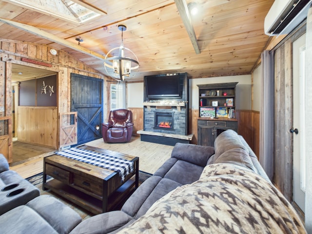 living room featuring a wainscoted wall, wooden ceiling, a wall mounted air conditioner, and wood-type flooring