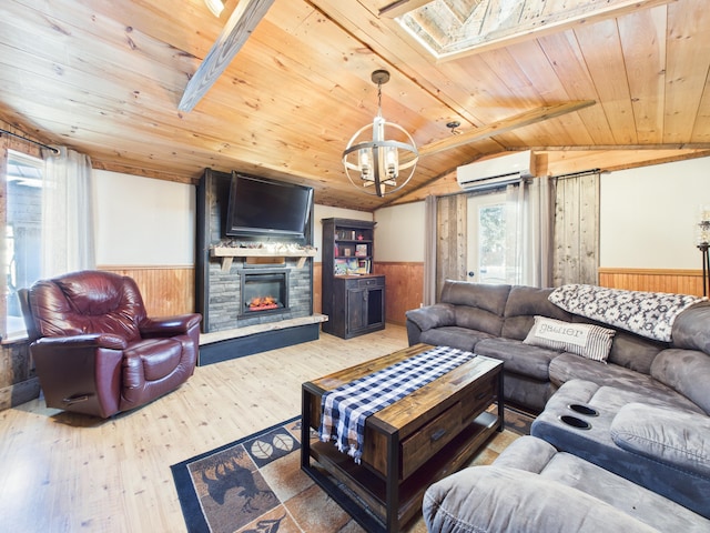 living area featuring a wainscoted wall, wood ceiling, an AC wall unit, a fireplace, and wood finished floors