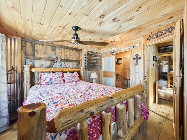 bedroom featuring wooden ceiling and wood walls