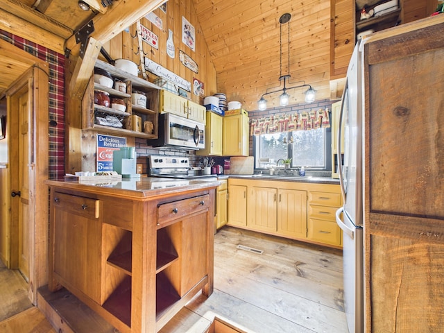 kitchen featuring open shelves, light wood-style flooring, a sink, wood ceiling, and appliances with stainless steel finishes