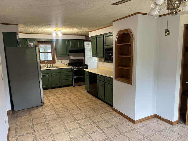 kitchen featuring green cabinets, light floors, stainless steel appliances, and a sink