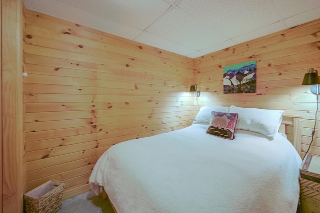 84 Ira Mountain Rd, Kingfield, ME 04947 - carpeted bedroom featuring a paneled ceiling and wood walls