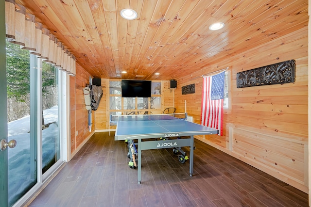 84 Ira Mountain Rd, Kingfield, ME 04947 - game room with wooden walls, wooden ceiling, recessed lighting, and wood finished floors