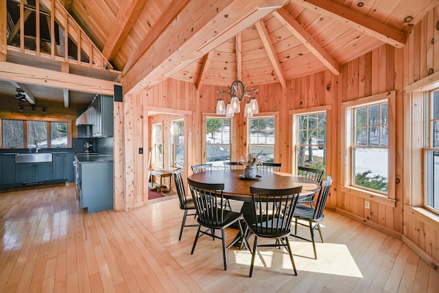 84 Ira Mountain Rd, Kingfield, ME 04947 - dining space featuring wood ceiling, light wood-style flooring, wooden walls, and a chandelier