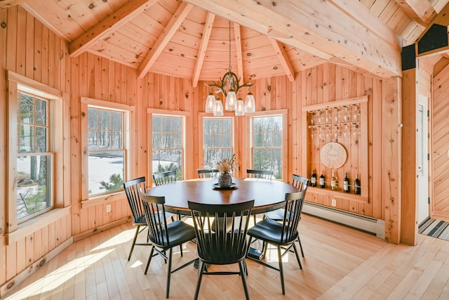 84 Ira Mountain Rd, Kingfield, ME 04947 - dining area featuring a baseboard heating unit, wood walls, a chandelier, wooden ceiling with exposed beams, and hardwood / wood-style floors