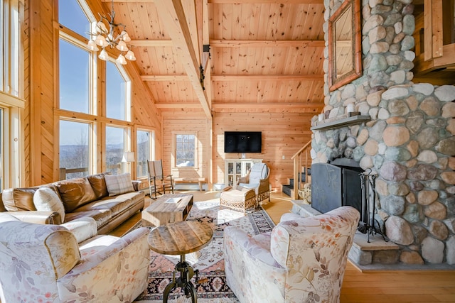 84 Ira Mountain Rd, Kingfield, ME 04947 - living room featuring wood ceiling with exposed beams, high vaulted ceiling, wood-type flooring, wooden walls, and a fireplace