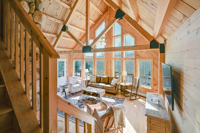 84 Ira Mountain Rd, Kingfield, ME 04947 - living room with wood walls, hardwood / wood-style floors, wood ceiling with exposed beams, stairway, and high vaulted ceiling