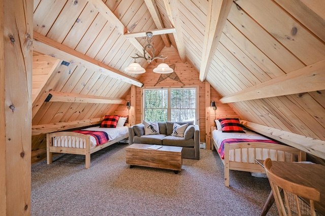 84 Ira Mountain Rd, Kingfield, ME 04947 - carpeted bedroom with wooden walls and wooden ceiling