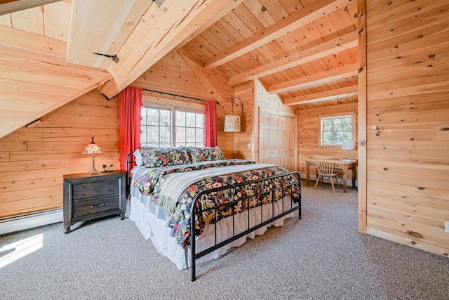 84 Ira Mountain Rd, Kingfield, ME 04947 - bedroom with wood walls, wooden ceiling, carpet floors, and a baseboard heating unit