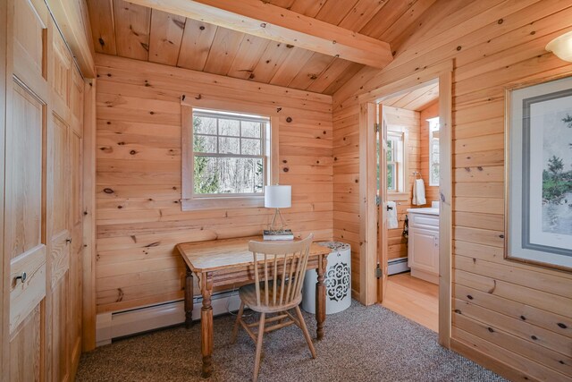 84 Ira Mountain Rd, Kingfield, ME 04947 - dining space with a baseboard radiator, wooden walls, carpet, and wooden ceiling with exposed beams