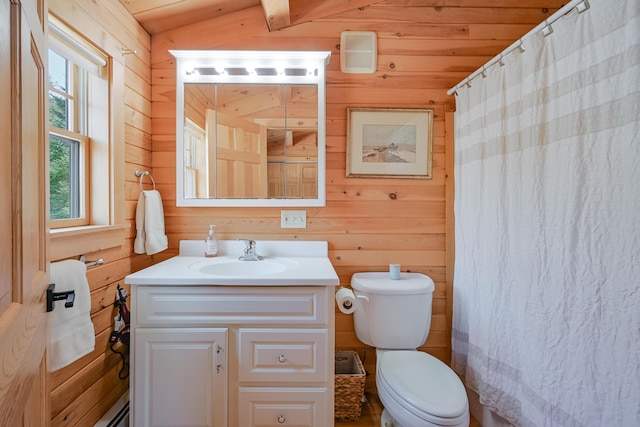 84 Ira Mountain Rd, Kingfield, ME 04947 - bathroom featuring vanity, toilet, wooden walls, and curtained shower