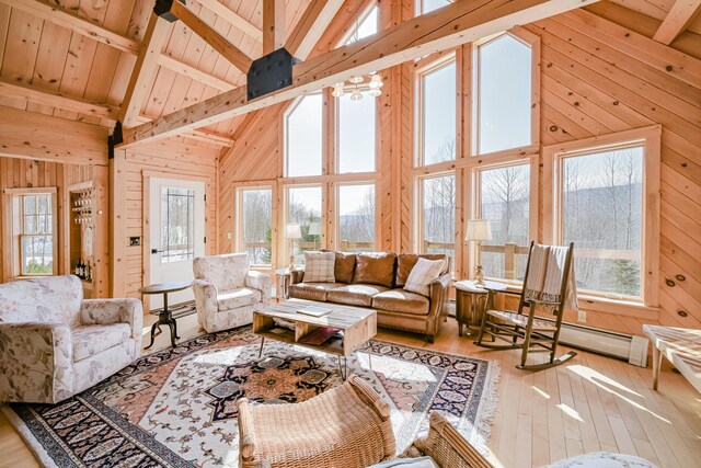 84 Ira Mountain Rd, Kingfield, ME 04947 - living room with wooden walls, high vaulted ceiling, healthy amount of natural light, wood-type flooring, and wooden ceiling with exposed beams