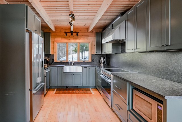 84 Ira Mountain Rd, Kingfield, ME 04947 - kitchen featuring appliances with stainless steel finishes, track lighting, wood ceiling with exposed beams, dark countertops, and a sink