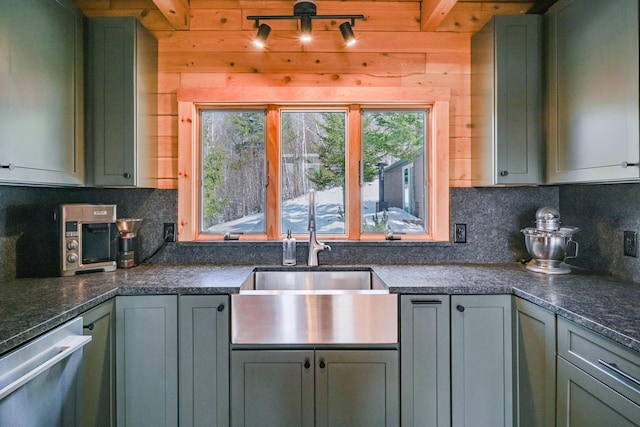 84 Ira Mountain Rd, Kingfield, ME 04947 - kitchen featuring stainless steel dishwasher, a sink, tasteful backsplash, green cabinets, and dark stone counters
