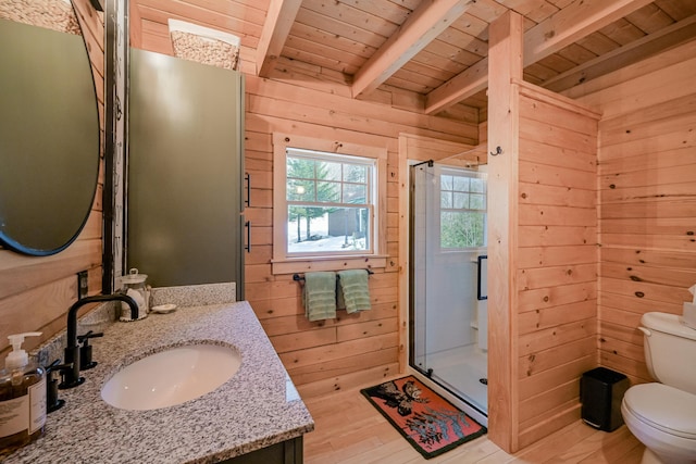 84 Ira Mountain Rd, Kingfield, ME 04947 - full bathroom featuring wood ceiling with exposed beams, wood walls, toilet, vanity, and a stall shower