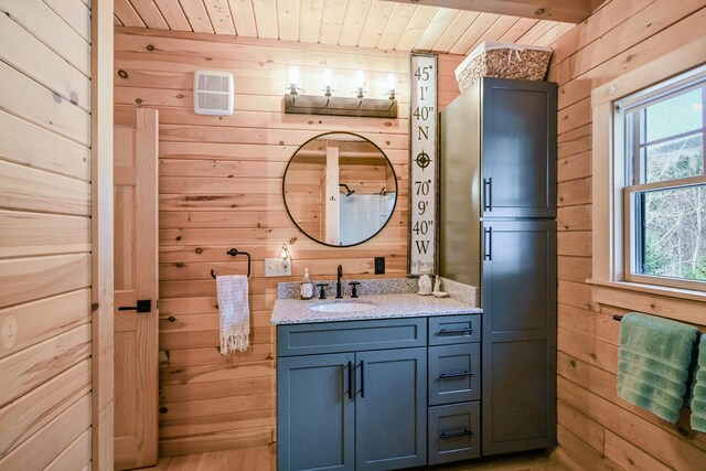 84 Ira Mountain Rd, Kingfield, ME 04947 - bathroom featuring wood walls, wood ceiling, and vanity