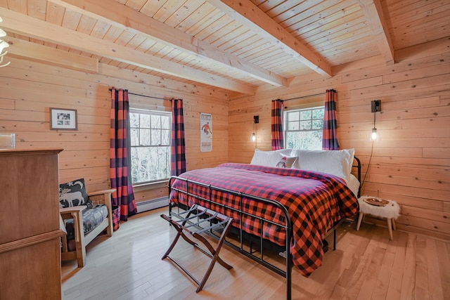 84 Ira Mountain Rd, Kingfield, ME 04947 - bedroom with wood walls, wood ceiling with exposed beams, light wood-style flooring, and a baseboard radiator