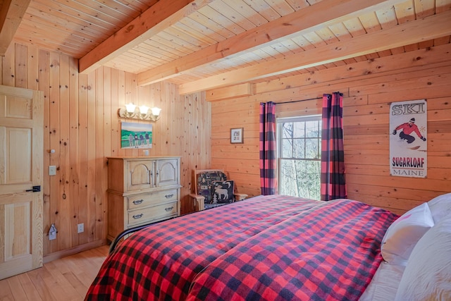 84 Ira Mountain Rd, Kingfield, ME 04947 - bedroom featuring wood walls, light wood-style flooring, wood ceiling with exposed beams, and a chandelier