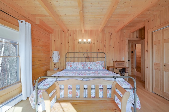 84 Ira Mountain Rd, Kingfield, ME 04947 - bedroom featuring wooden walls, wood finished floors, wooden ceiling with exposed beams, and a baseboard heating unit