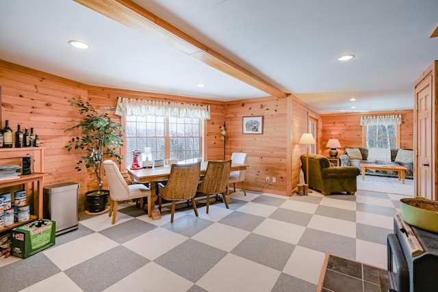 84 Ira Mountain Rd, Kingfield, ME 04947 - dining room featuring wood walls, tile patterned floors, and recessed lighting