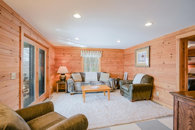 84 Ira Mountain Rd, Kingfield, ME 04947 - living room with wooden walls, recessed lighting, and carpet flooring