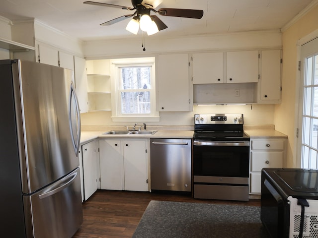 kitchen with a ceiling fan, open shelves, a sink, dark wood finished floors, and stainless steel appliances