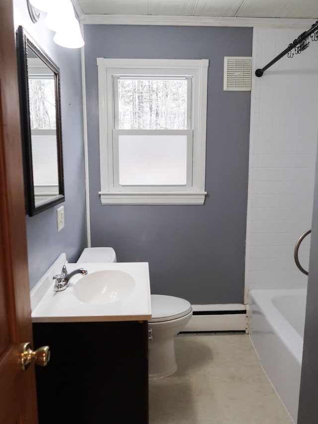 bathroom featuring a baseboard heating unit, plenty of natural light, toilet, and visible vents