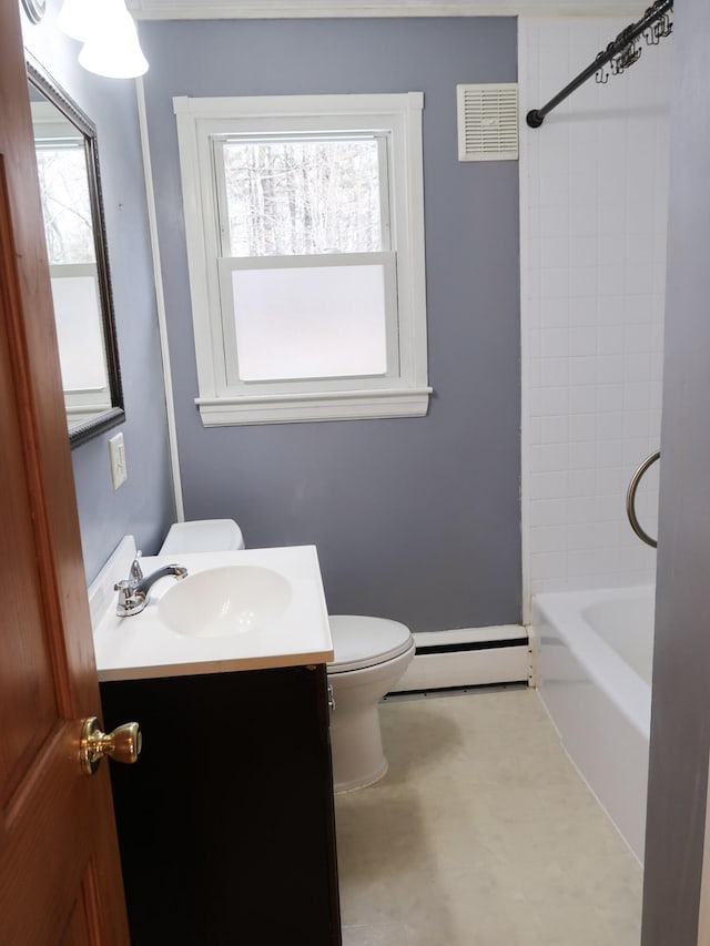 bathroom featuring vanity, visible vents, shower / washtub combination, a baseboard heating unit, and toilet