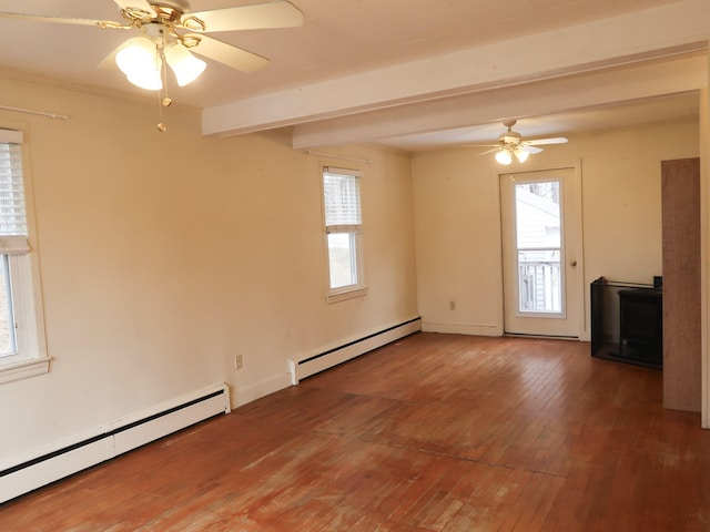 unfurnished living room with beam ceiling, baseboard heating, ceiling fan, and hardwood / wood-style flooring