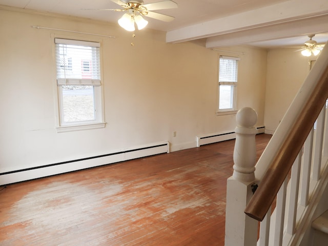 spare room with beamed ceiling, a ceiling fan, light wood-style floors, baseboard heating, and stairs