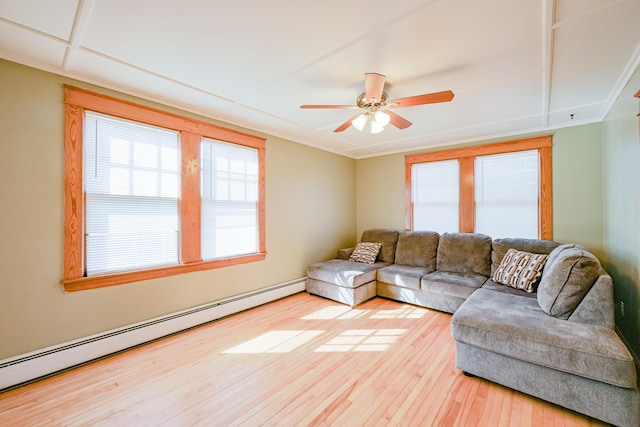 living room featuring a baseboard radiator, a ceiling fan, and light wood finished floors