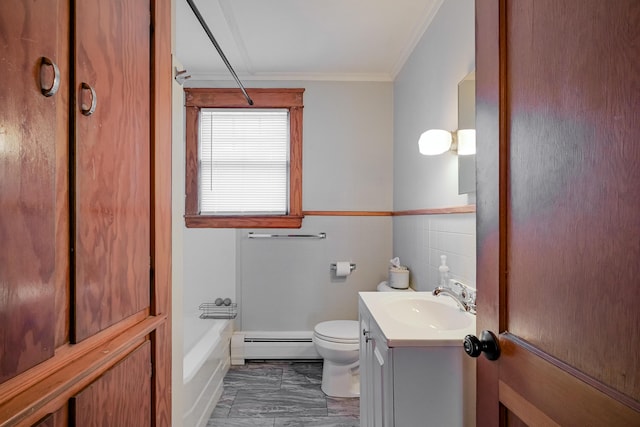 full bathroom featuring vanity, a baseboard radiator, crown molding, toilet, and tile walls