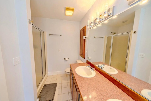 19 Glenview Ln, Belfast, ME 04915 - bathroom featuring a shower stall, tile patterned floors, and double vanity