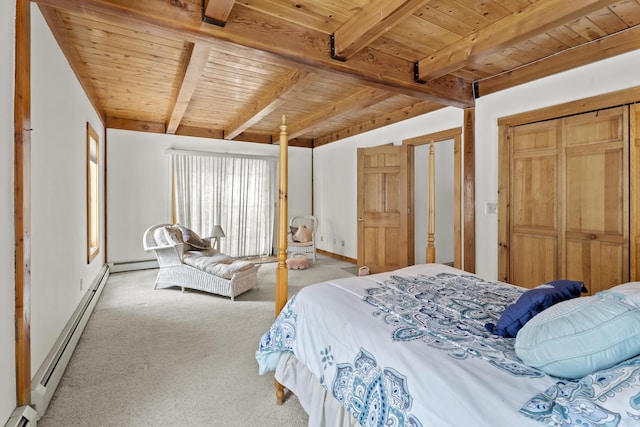 bedroom with beam ceiling, a baseboard radiator, wooden ceiling, and carpet floors